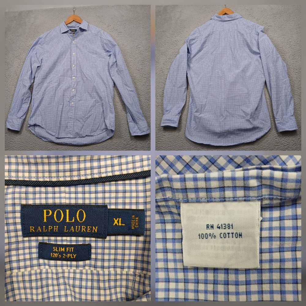Polo Ralph Lauren Shirt Mens XL Blue Gingham Slim Fit 120s 2-Ply Cotton